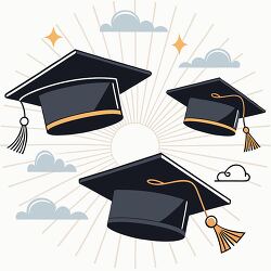 graduation caps against a sunny sky with clouds