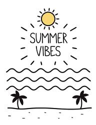 line art sun ocean waves and palms with summer vibes text