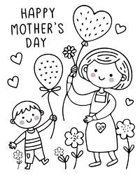 mother and child with balloons mothers day coloring page